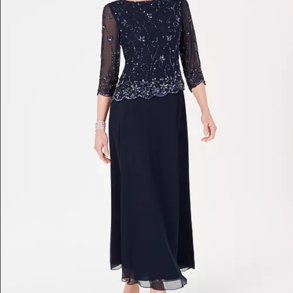 J Kara Dark Blue beaded overlay gown